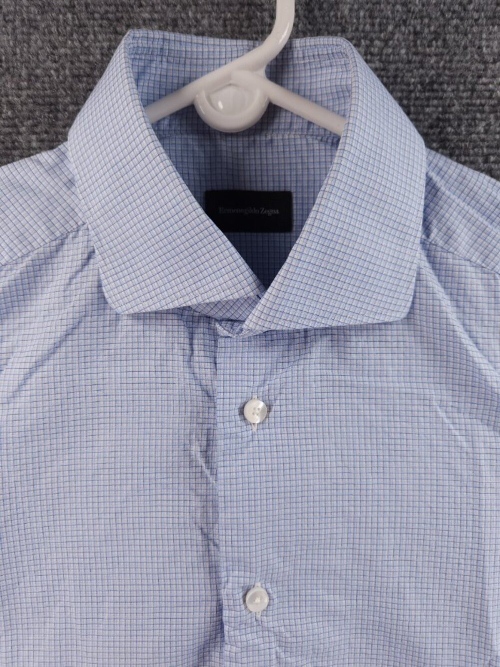 Ermenegildo Zegna 15.5 Cotton Tailored Blue French Cuff Check Men Shirt Spread